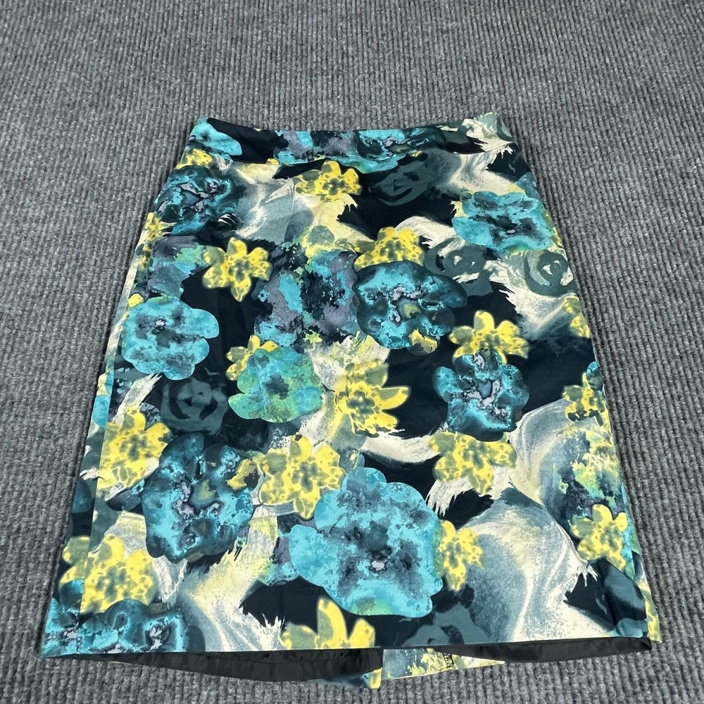Ann Taylor Skirt Womens 6 Blue Yellow Floral Print Cotton Blend Lined Pencil